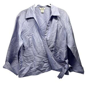S.L.B. Blouse 100% Silk Size 12 Large Periwinkle Wrap Top Tie 3/4‎ Casual Sleeve